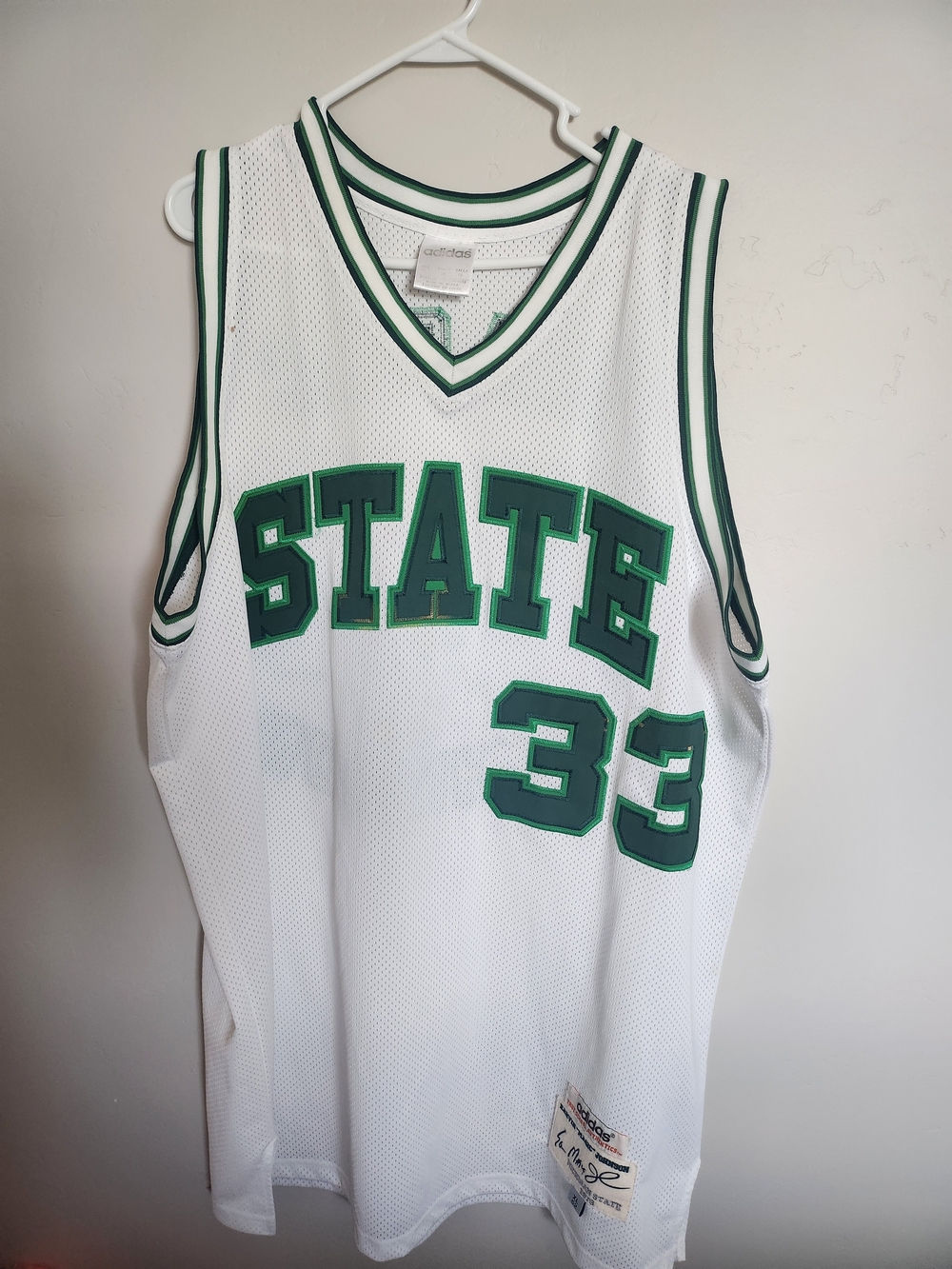 Adidas White and Green STATE Basketball Jersey #33